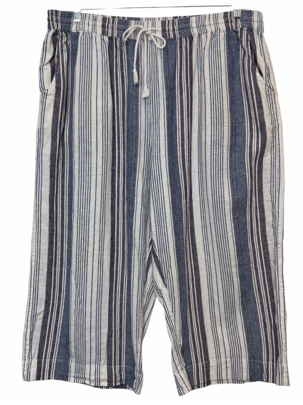 Beachlunchlounge Women Striped Linen Blend Cropped Wide Leg Pull On Pants Sz XL